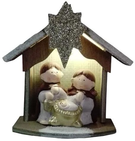 Casetta Natività Presepe stella cometa in legno sacra famiglia mantello con luce calda H: 14 cm 3 personaggi - funzionamneto a batterie incluse - addobbi di Natale per casa ambienti idea regalo