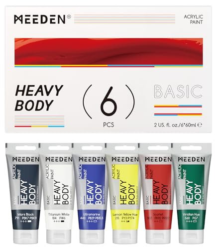 MEEDEN Heavy Body Acrylfarben Set: Matt Acrylic Paint mit 6 x 60 ml für Leinwand Holz Bemalen - Grundfarbe Acryl Set mit intensiver Pigmentierung für Anfänger Künstler Erwachsene