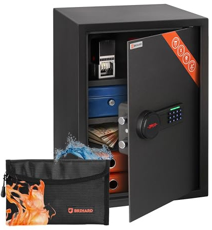 Brihard Business XL Cassaforte elettronica LCD 40 cm H x 35 cm L x 36 cm P con borsa ignifuga, grande cassaforte digitale da ufficio 2,12 piedi cubi con 2 ripiani regolabili in altezza per documenti