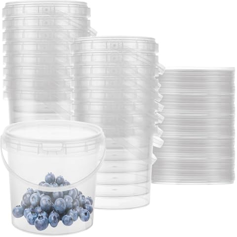 LOYORTY Lot de 30 seaux à crème glacée en plastique transparent avec couvercles et poignées, 1 000 ml pour collations, fruits et boissons