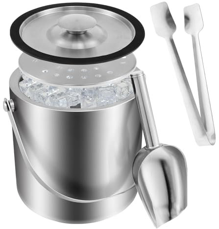 2L Eisbehälter Edelstahl Eiseimer mit Deckel Sieb Zange und Löffel Doppelwandiger Isolierter Eiswürfelbehälter Eiseimer Champagner Eiskübel für Bar Party Hause Restaurant Picknick
