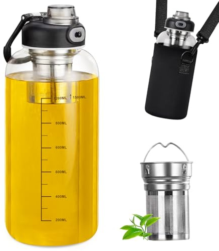 PORFOYO Gourde en verre 1,5 l - Bouteille d'eau en verre borosilicate avec infuseur à thé, bouchon anti-fuite, deux options de boisson, idéale pour le thé et les déplacements