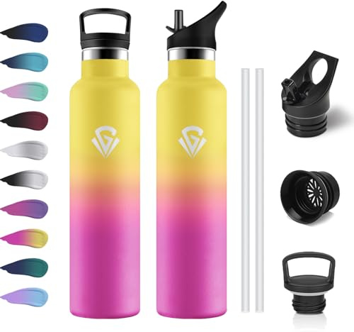 Edelstahl Trinkflasche 1L, Thermoskanne mit Strohhalm, Metall Wasserflasche Doppelwandig Isoliert, BPA-Frei, Kohlensäure Geeignet, Isolierflasche für Picknick, Schule, Fitness, Sprudel, Büro