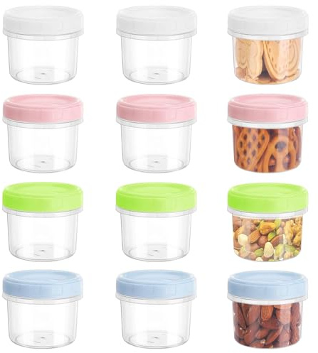 Small Food Containers with Lids, 12PCS Small Food Containers 8oz /250ml | Round Stackable Plastic Food Container Set for Lunch Yoghurt Snack Microwave Freezer(Pink/Green/Blue)