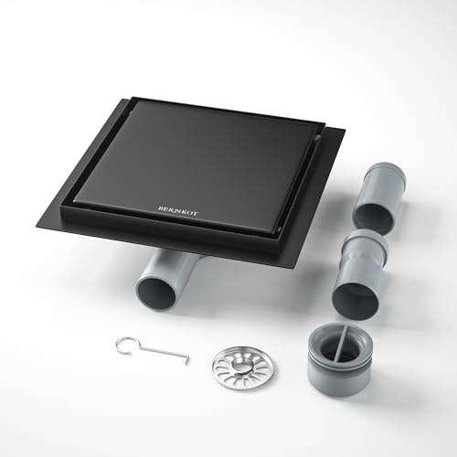 Bernkot Desagüe de ducha de acero inoxidable, 20 x 20 cm, duadratic con sifón de 360°, antiolores y filtro de pelo, 2 en 1, desagüe de ducha plano, 2 adaptadores de desagüe DN50 DN40, color negro