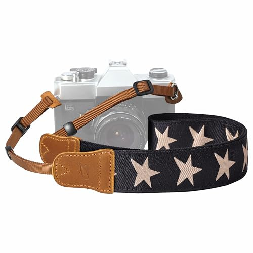 Padwa Lifestyle Pentagram Camera Strap - 1.5 Embroidered Star Cotton Crazy Horse Cowhide Head Camera Straps for Photographers and All Cameras,Cute Adjustable Vintage Woven Strap