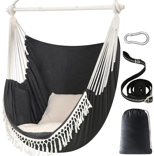 Chihee Sièges Suspendus 150 x 120 cm Fauteuil hamac Poids Maximal 227 kg Balançoire Suspendue Confortable et Large 2 Coussins Barre d'écartement en métal avec rainures antidérapantes Poche latérale