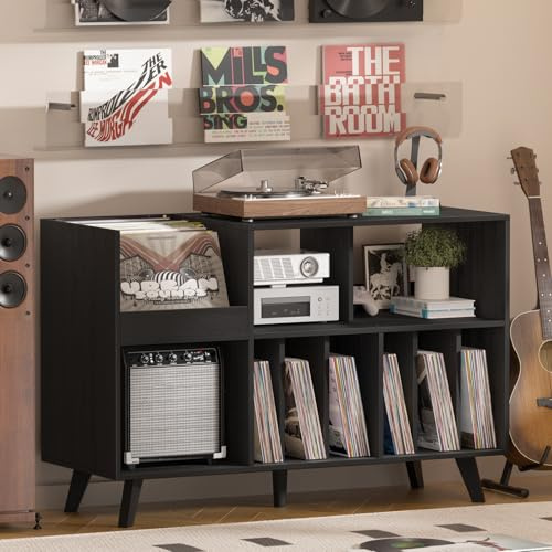 LELELINKY Gran soporte para discos con almacenamiento, soport para tocadiscos con estante, soporte para discos de vinilo con superficie de presentación, soporte para hasta 450 álbumes (Negro)
