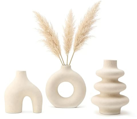 Ensemble de 3 vases en céramique blanche, petites vases à fleurs pour herbe de la pampa, vases modernes bohèmes, vases nordiques modernes et minimalistes pour décoration de mariage, salon, chambre