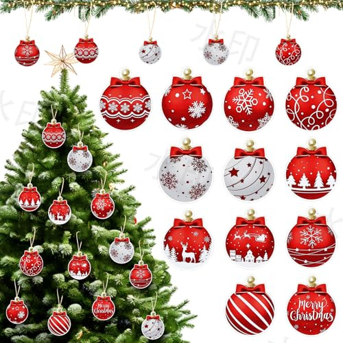 MELLIEX 24 stycken julgransdekorationer i trä julgranspynt, bollhänge sockerstänger, julgransprydnad för jul, presenter, gör-det-själv pyssel, presentförpackning