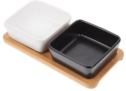 WEKAMOS Set de Bols pour Animaux avec Plateau Gamelles Céramique Carrées pour Chats et Petits Chiens Bol Nourriture et Eau Pratique et Noir et Blanc