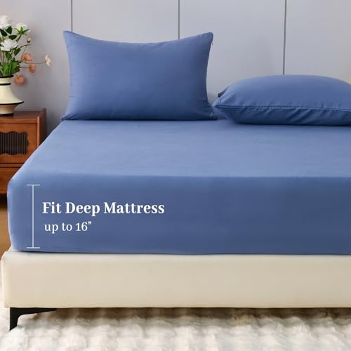 LANYETON 100% Cotton Flannel Fitted Sheet Only, Ultra Soft Cozy Warm Fitted Bottom Sheet for All Season, 16 Deep Pocket, Denim Blue, Queen