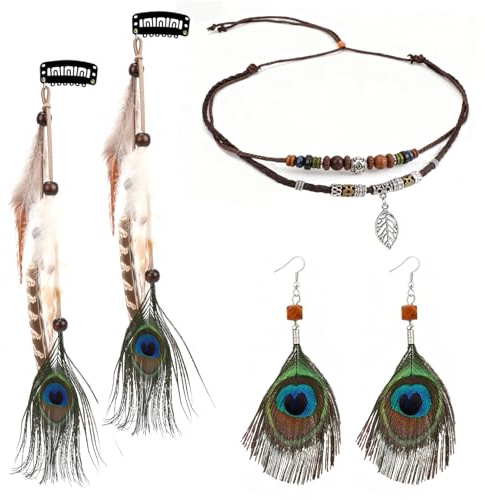 MWOOT Fjäder hårsmycke clip, indianer fjäder hårförlängningar damer, bladhänge träpärlor halsband, påfågel fjäderörhängen, boho tribal smycken för kvinnor karneval cosplay tribal kostym fest