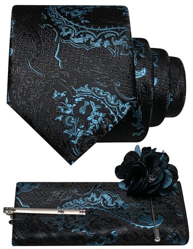JEMYGINS Schwarz Basierte Krawatte Set Herren Einstecktuch Krawattenklammer Ansteckblume mit Barock Muster für Hochzeit Business Party Mehrfarbig