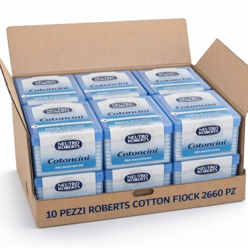 Cotton Fioc in Morbido Cotone con Box Salva Igiene, Astina in Cartoncino Biodegradabile, Ideali per Bambini e Pelli Sensibili, Confezione da 10 Box da 260 Pezzi