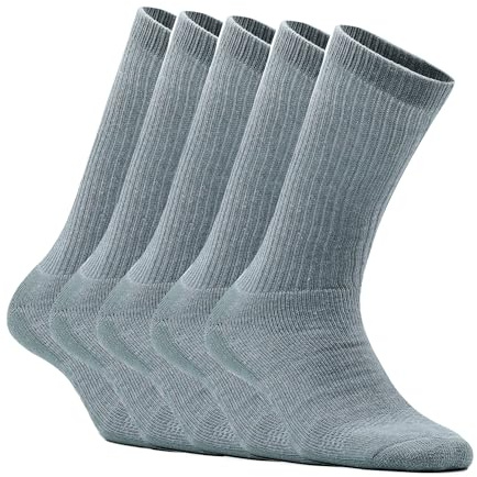 AMELLE Work Socks for Men, Terry Cotton Cushioned Crew Socks, 5 Pack - Grey | Arch Support, Mesh with Breathable Toe, Reinforced Padded heel & Toe, Extra Thick Sole for Heavy Duty