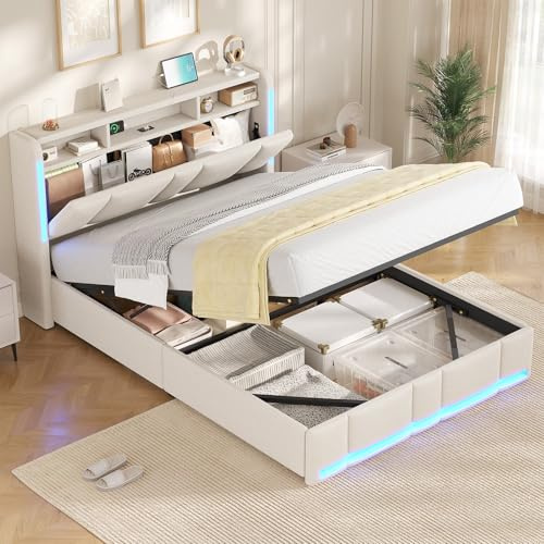 AOGLLATI Double Ottoman Bed (4ft6) with Hydraulic Storage, Charging Station & Led Lights, Upholstered Platform Bed Frame with Storage Headboard, Sturdy Wood Slats, Beige Linen (Double-135x190cm)