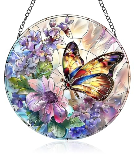 Buntglas Sonnenfänger Fenster, Schmetterling Fensterschmuck Hängend, Glas Fensterdeko Hängend, Suncatcher für Wohnzimmer, Balkon Deko, Gartendeko, Gartendeko für Draußen Wetterfest, 20x20cm
