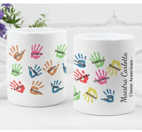 Tazza Maestra Personalizzata con Impronte e Nomi degli Alunni – Regalo Maestre Fine Anno Scolastico 2025/2026 – Tazze Maestre con Nomi Bambini – Idea Regalo Insegnante Scuola Primaria Elementare