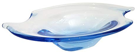 Överstdorfer glashylla skål blå glaskal prydnadsskål med dekorativ kant munblåst längd 23 cm höjd 6,5 cm