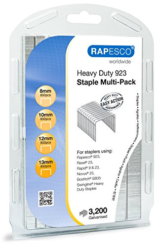 Rapesco 1246 Assortiment d’Agrafes Galvanisées Résistantes de Type 923, 8, 10, 12 et 13 mm, Lot de 3200