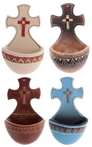 Holyart Acquasantiera Croce Ceramica, Cuoio