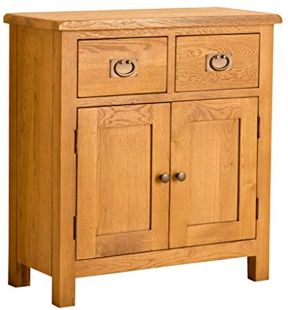 RoselandFurniture Lanner Oak Mini Sideboard Cabinet | Traditional Rustic Waxed Small 2 Drawer Solid Wood Storage Cupboard for Dining Room, Hallway or Living Room | Fully Assembled 80 x 75 x 33.5 cm
