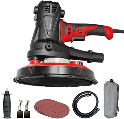 Matrix Profi Trockenbauschleifer 1280Watt Deckenschleifer Wandschleifer DWS 1280-2 | 225mm | 230V | inkl. Absaugschlauch, Staubfangsack, Tragegurt, Ersatzkohlen, Schleifpapier, Soft-Griff, 4m Kabel