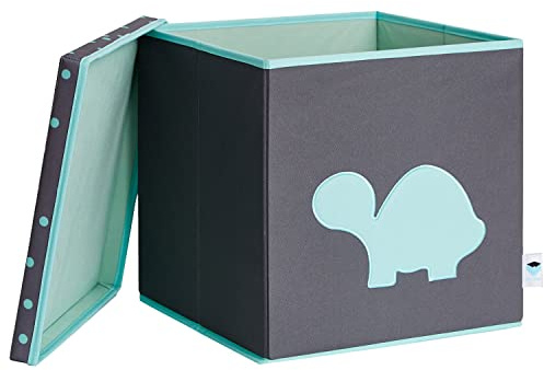 LOVE IT STORE IT Aufbewahrungsbox mit Deckel - Kallax Boxen aus Stoff - Verstärkt mit Holz -Quadratisch, stabil - Grau mit türkiser Schildkröte - 33x33x33 cm