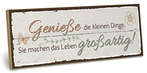 ARTFAVES® Wandbild Holzschild mit Spruch - GENIESSE DIE KLEINEN DINGE - Türschild Retro Vintage Deko Bild Geschenk - Glücklichsein, Achtsamkeit