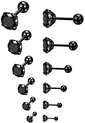 Epoch World 6 Pares de Pendientes de Hombre con Diamantes, Pendientes de Hombre y Mujer con Circonita Cúbica Acero Quirúrgico Hipoalergénicos Titanio Piercing 3-8MM Negro