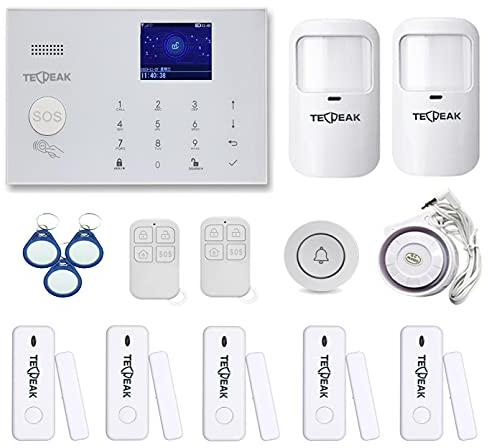 TECPEAK GSM/WiFi Alarmanlagen Komplettsystem, Alarmanlage Haus mit Alarmsirene, Haussicherheits Set inkl. Fensteralarm/Türalarm, Bewegungsmelder, Fernbedienung,Tag,SOS Hausnotruf Senioren