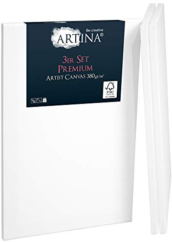 Keilrahmen Leinwand zum Bemalen 40x60 cm – Artina Premium 3er Set FSC® bespannte Keilrahmen Leinwände zum malen für Acrylfarben Canvas 100% Baumwolle – Acryl Leinwand Rahmen