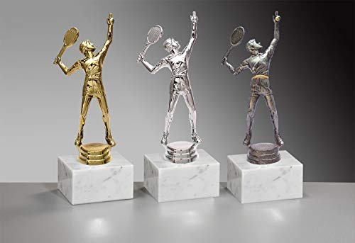 Henecka 🎾 Tennis-Herren-Pokal, Tennis-Trophäe, Tennisspieler beim Aufschlag auf Marmorsockel, mit Wunschgravur, wählbar in 3 Farben und 2 Größen (Gold, 155)