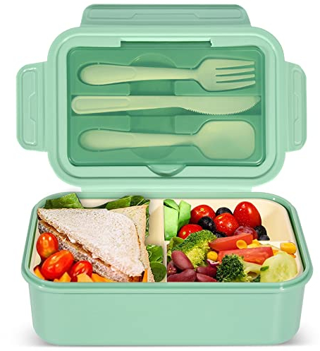 IJIAMY 1400ml Bento Lunch Box, Container with 3 Compartments, Cutlery, Dishwasher, BPA Free Sandwich Box for Adults and Kids,