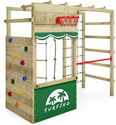 Wickey Klettergerüst Outdoor Spielturm Smart Action mit grüner Plane, Spielgerät mit Kletterwand, Basketballkorb & Spiel-Zubehör für Kinder im Garten aus Holz