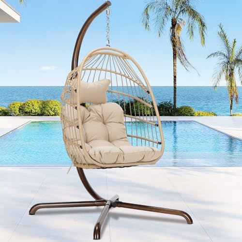 RADIATA Royal Craft Hanging Egg Chair with Stand, All-Weather Wicker Swing Chair with Dome Design and Cushion, 350Lbs Indoor Outdoor Hammock Basket Seat for Bedroom Balcony Patio Porch, Beige