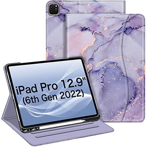 Fintie Hülle für iPad Pro 12.9 Zoll 2022 (6. Generation) / iPad Pro 12.9 2021/2020/2018 mit Stifthalter, Multi-Winkel Betrachtung Folio Stand Schutzhülle mit Dokumentschlitze, Marmor Lila