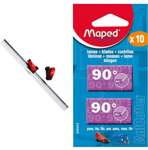 Maped - MatCutter Kit pour l'Encadrement avec Règle en Aluminium de 60 cm et 2 Cutters de 45° et 90° Outils de Coupe avec Patins & Lames de Cutter à 90° Coupe Droite - Boîte de 10 Lames
