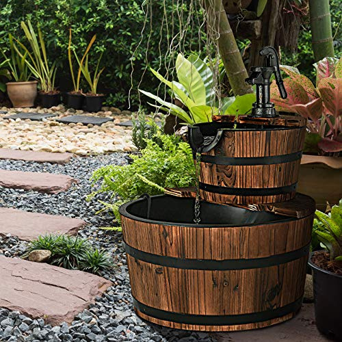 GiantexUK Wooden Water Fountain, 2-Tier Barrel Water Feature with Pump, Outdoor Cascading Water Ornament for Patio, Garden and Courtyard