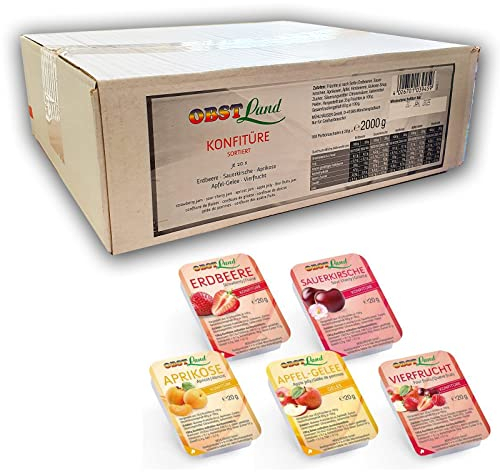 Konfitüre kleine Portionen 5-fach sortiert 100 x 20g | Marmelade in Portionspackungen für Gastro | Erdbeer, Aprikose, Kirsche, Apfel-Gelee & Vierfrucht | Für Gastronomie, Hotels, Imbiss