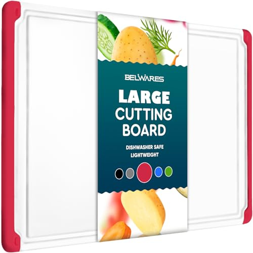 Large Kitchen Plastic Cutting Board - Dishwasher Safe Non-Slip Cutting Boards with Juice Grooves, Easy Grip Handles - Large and Thick Chopping Board Red