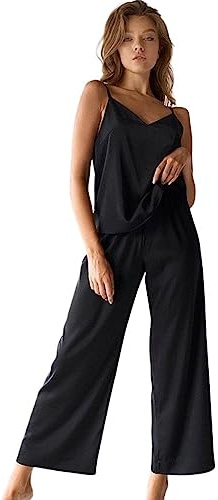 Laura in - Set di Abbigliamento Donna 2 Pezzi Pigiami di Seta Raso Tinta Unita Top con Bretelle e Pantaloni Lunghi-1603NeroM