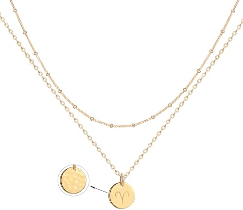 Jenosy Kette Layered Damen Widder Sternzeichen Kette Gold Personalisierte Halskette mit Anhänger Zarte Mehrreihig Halskette Hypoallergene 18K Vergoldete Kette Modeschmuck für Frauen und Mädchen