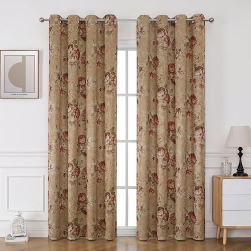BUHUA 2er-Set Blickdicht Vorhänge mit Blumen Vintage Vorhang Rural Gardinen Ösenvorhang Elegante Verdunkelung für Schlafzimmer Wohnzimmer, H 245 x B 132 cm, Purplish Zimt