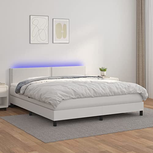 Tidyard Boxspringbett mit Matratze & LED Polsterbett Jugendbett Bettgestell Gästebett Schlafzimmerbett Doppelbett/Einzelbett Balkenbett Bettrahmen Lattenrost Holzbett Bett Weiß 160x200 cm Kunstleder