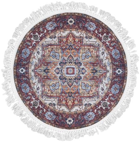 Mazovia Teppich Wohnzimmer Ø200cm Rund Rot Vintage Traditionell Stilvoll | Teppich für Schlafzimmer Büro Esszimmer Eingangsbereich Rutschfest Maschinenwaschbar Wetterfest Pflegeleicht Kurzflor Elegant