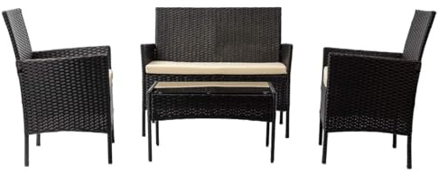 Nustone Rattan Garden Furniture Patio Bistro Set, 2 Seater Sofa, 2 Chairs with Cushions and a Coffee Table, Perfect for Gardens, Cafes and Terraces (Black)