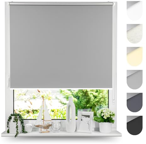 Tom'Shop Verdunkelungsrollo Klemmfix Ohne Bohren Grau 110cm x 130cm | Thermorollo Blackout Klemmrollo Fensterrollo Seitenzugrollo mit Klemmträger für Hitzeschutz Lichtschutz Sichtschutz