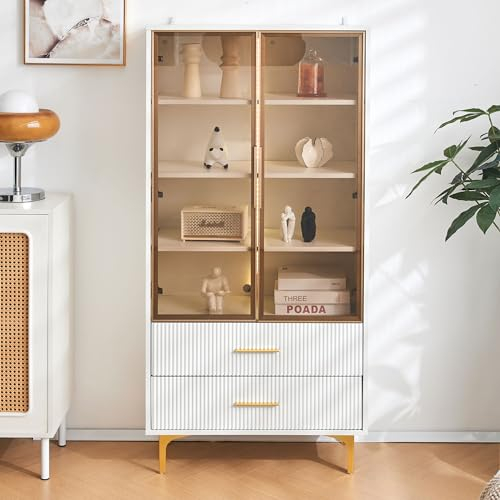 Elegante Glasvitrine,mit Zwei Türen tealfarbene Glastüren,goldene Beine,bewegliche Einlegeböden,Vitrine mit LED-Licht,Schrank,Glasvitrine,Hochschrank,70x150cm Standvitrine